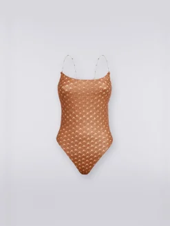 Lace-effect one-piece swimming costume with chain and gem straps