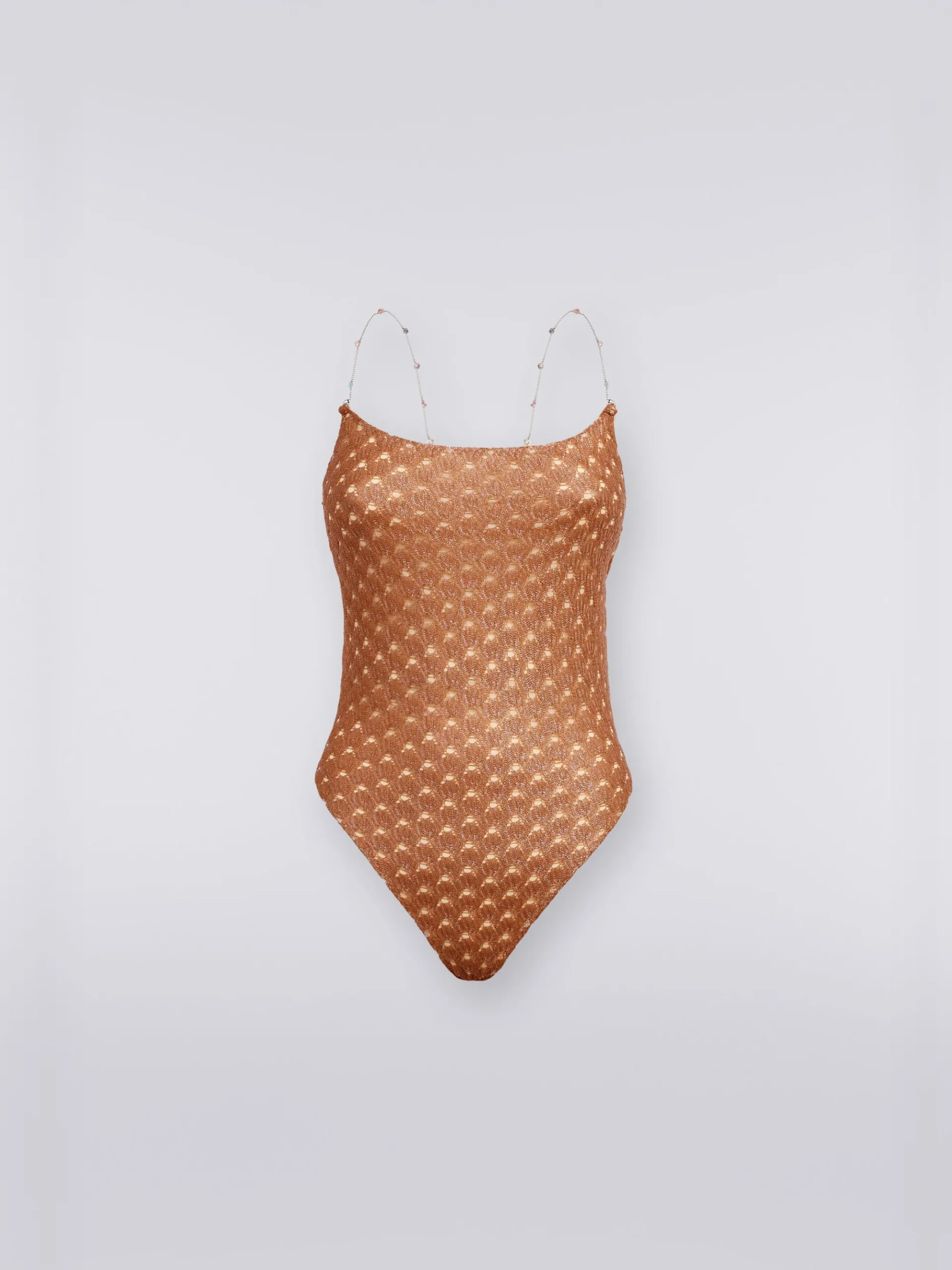 Lace-effect one-piece swimming costume with chain and gem straps