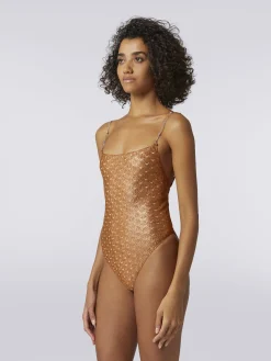 Lace-effect one-piece swimming costume with chain and gem straps