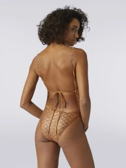 Lace-effect one-piece swimming costume with chain and gem straps