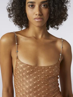 Lace-effect one-piece swimming costume with chain and gem straps
