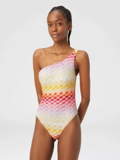 Lace-effect one-shoulder one-piece swimming costume with lurex