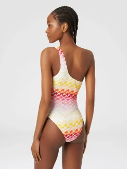 Lace-effect one-shoulder one-piece swimming costume with lurex