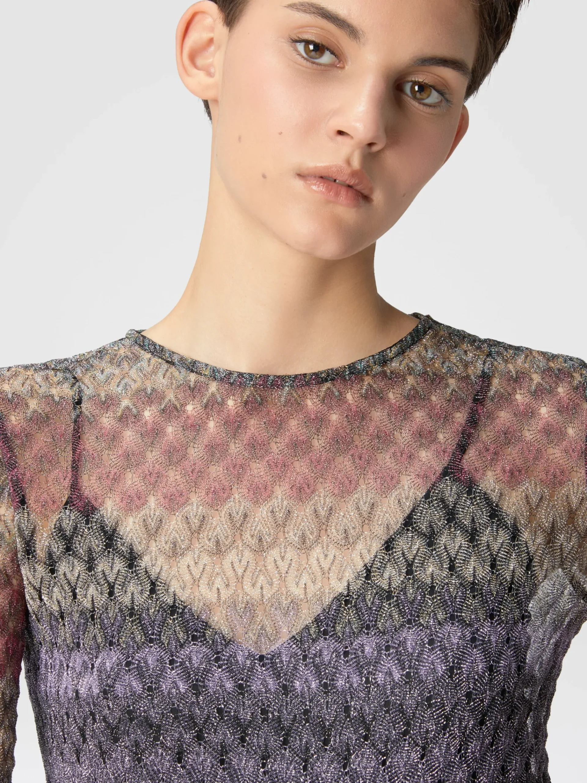 Lameté lace mini-dress with a see-through effect