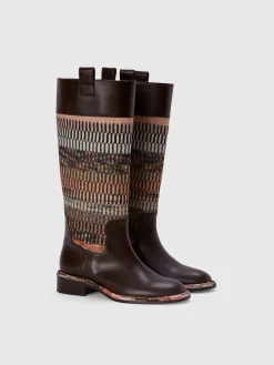 Leather boots with lamé fabric insert