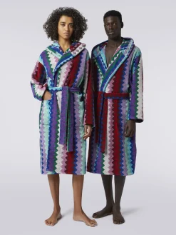 Long Chantal chevron cotton terry hooded bathrobe