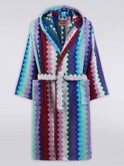 Long Chantal chevron cotton terry hooded bathrobe