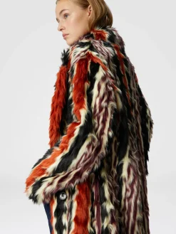 Long coat in striped faux fur