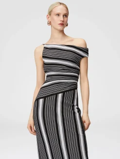 Long cotton and viscose dress with asymmetrical neckline