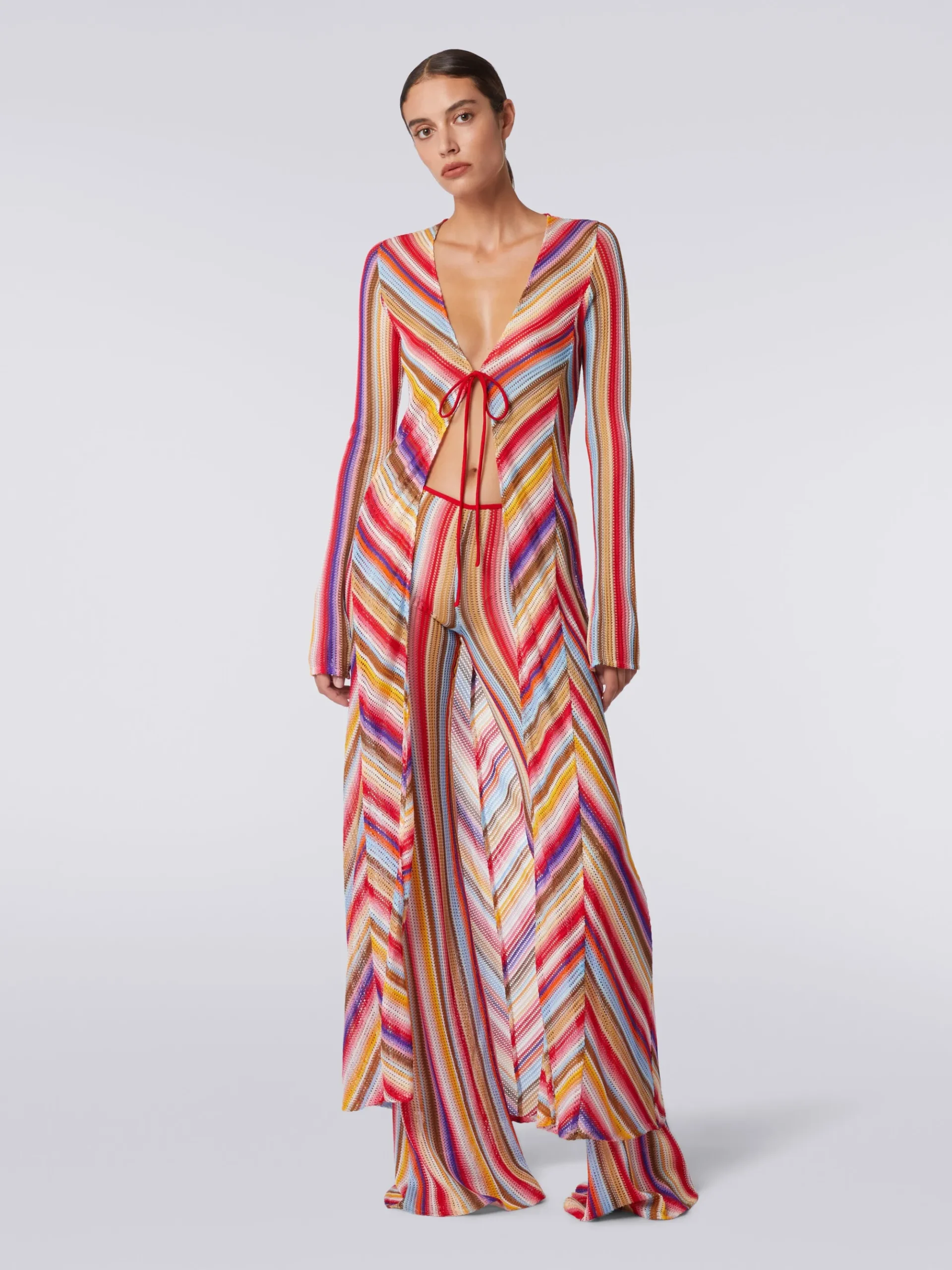 Long cover up cardigan in striped crochet