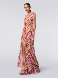 Long cover up cardigan in striped crochet