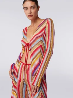 Long cover up cardigan in striped crochet