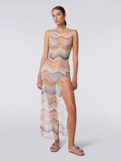 Long cover up chevron motif dress with lurex