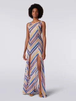 Long cover up dress in striped crochet with slits