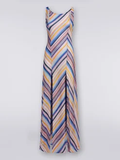 Long cover up dress in striped crochet with slits