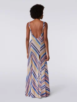 Long cover up dress in striped crochet with slits