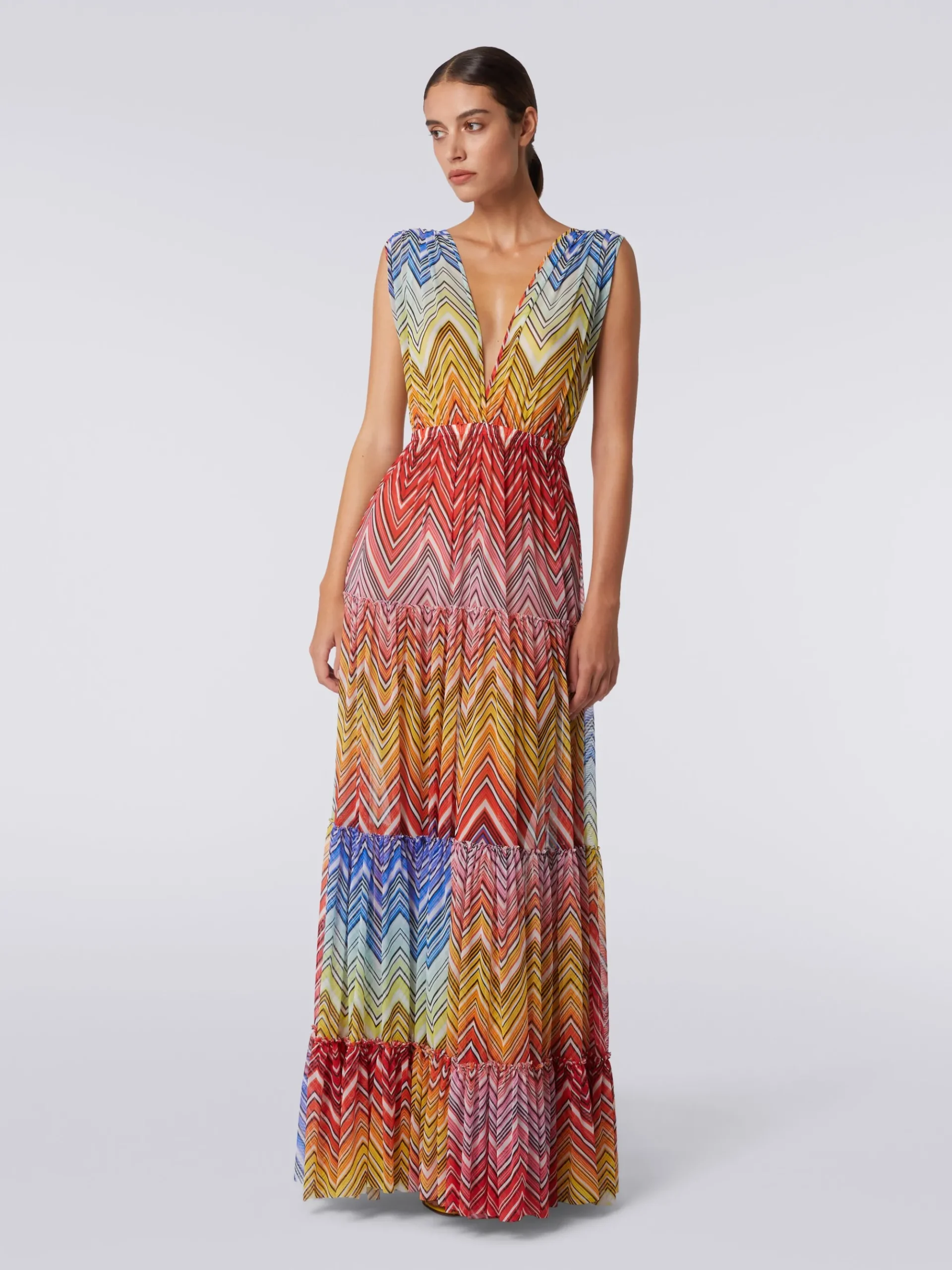 Long cover up dress in zigzag print tulle