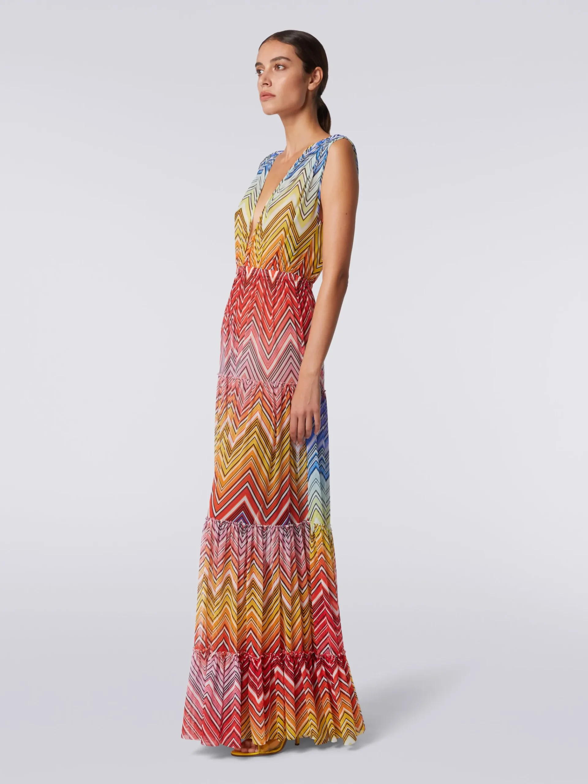 Long cover up dress in zigzag print tulle