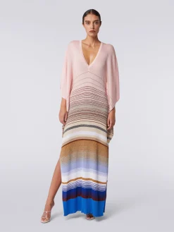Long cover up kaftan in striped ribbed knit with lurex