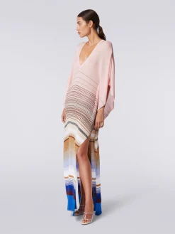 Long cover up kaftan in striped ribbed knit with lurex