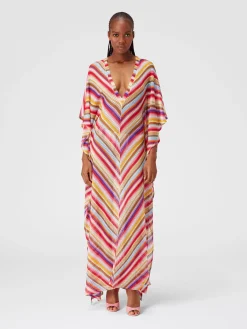 Long cover up kaftan in striped crochet