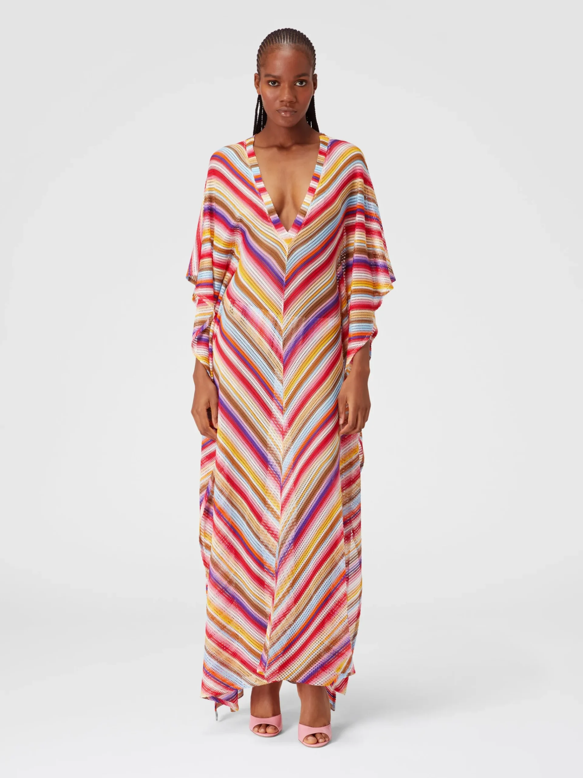 Long cover up kaftan in striped crochet
