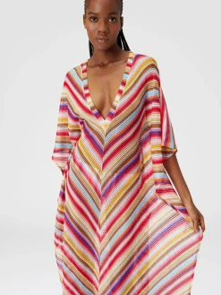 Long cover up kaftan in striped crochet