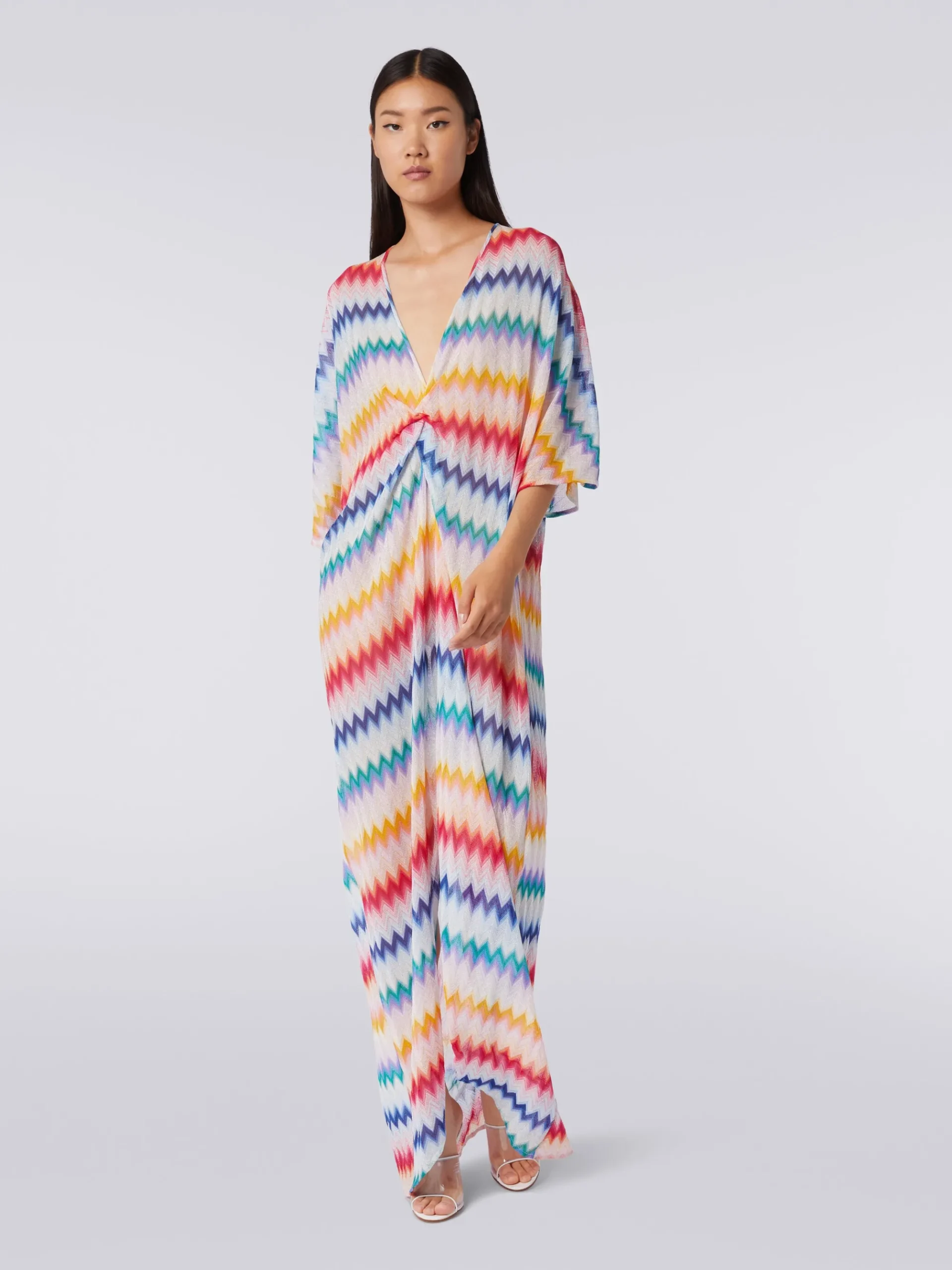 Long cover up kaftan with torchon details and zigzag print