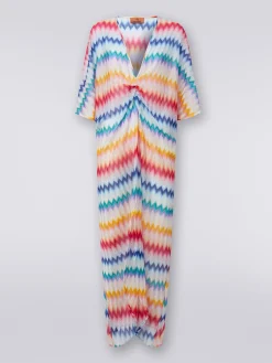 Long cover up kaftan with torchon details and zigzag print
