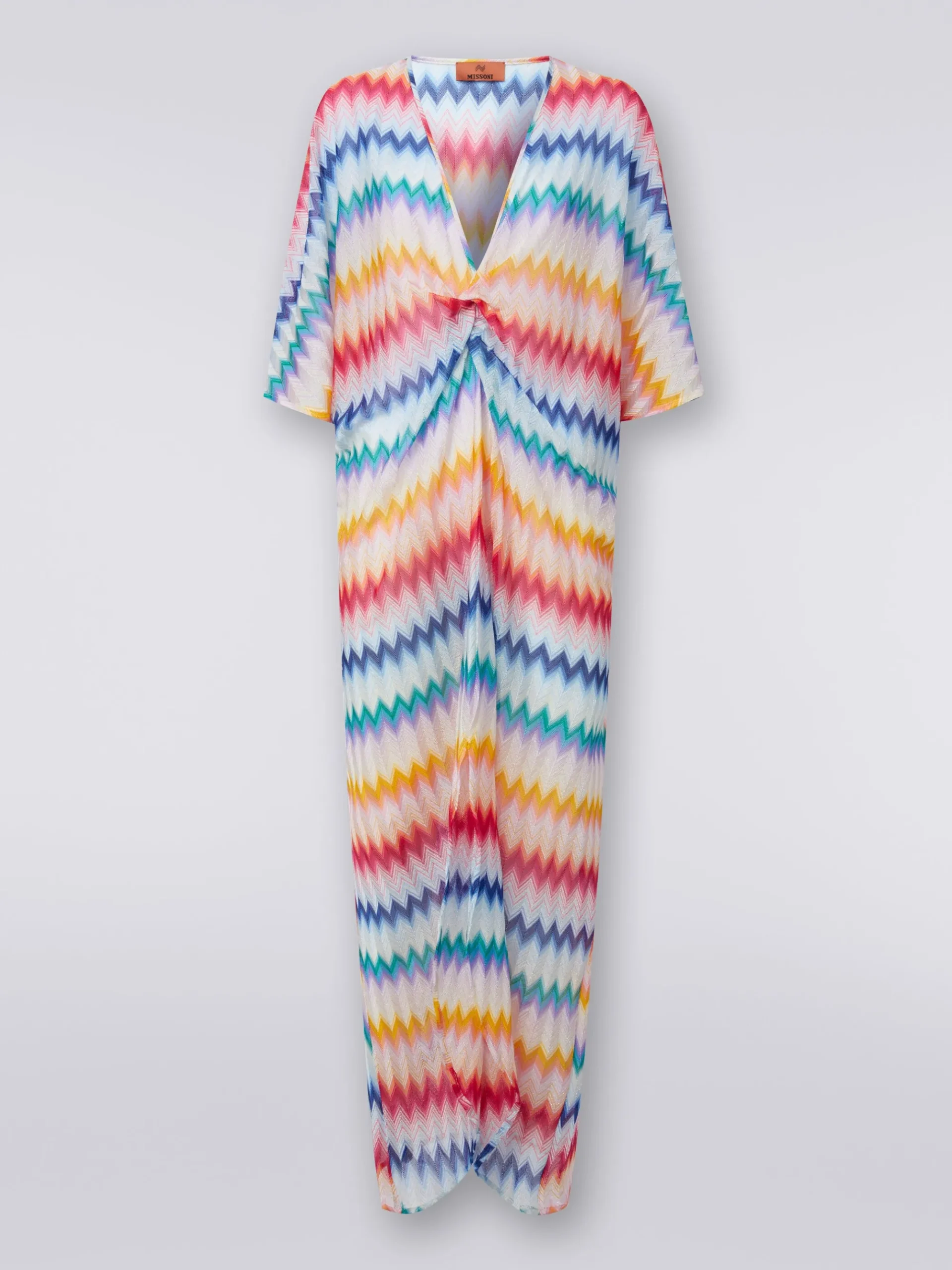 Long cover up kaftan with torchon details and zigzag print