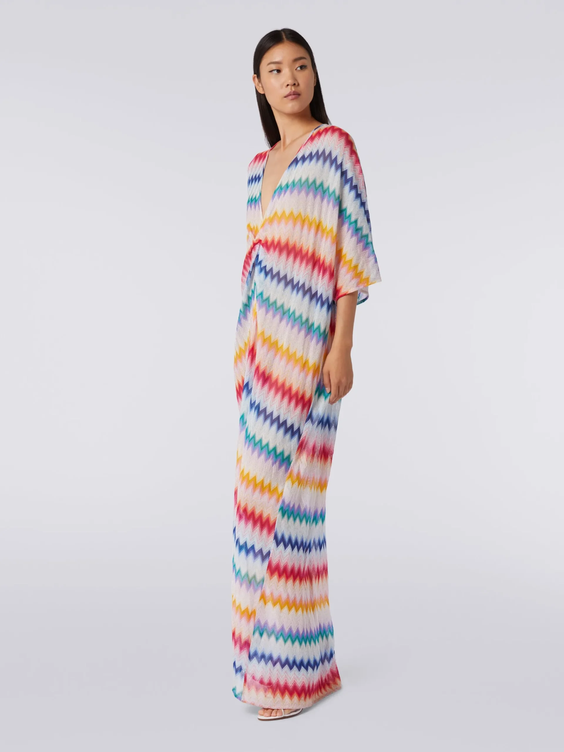 Long cover up kaftan with torchon details and zigzag print