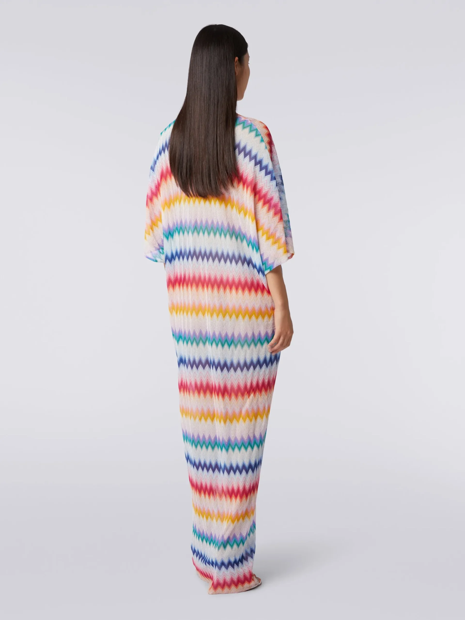 Long cover up kaftan with torchon details and zigzag print
