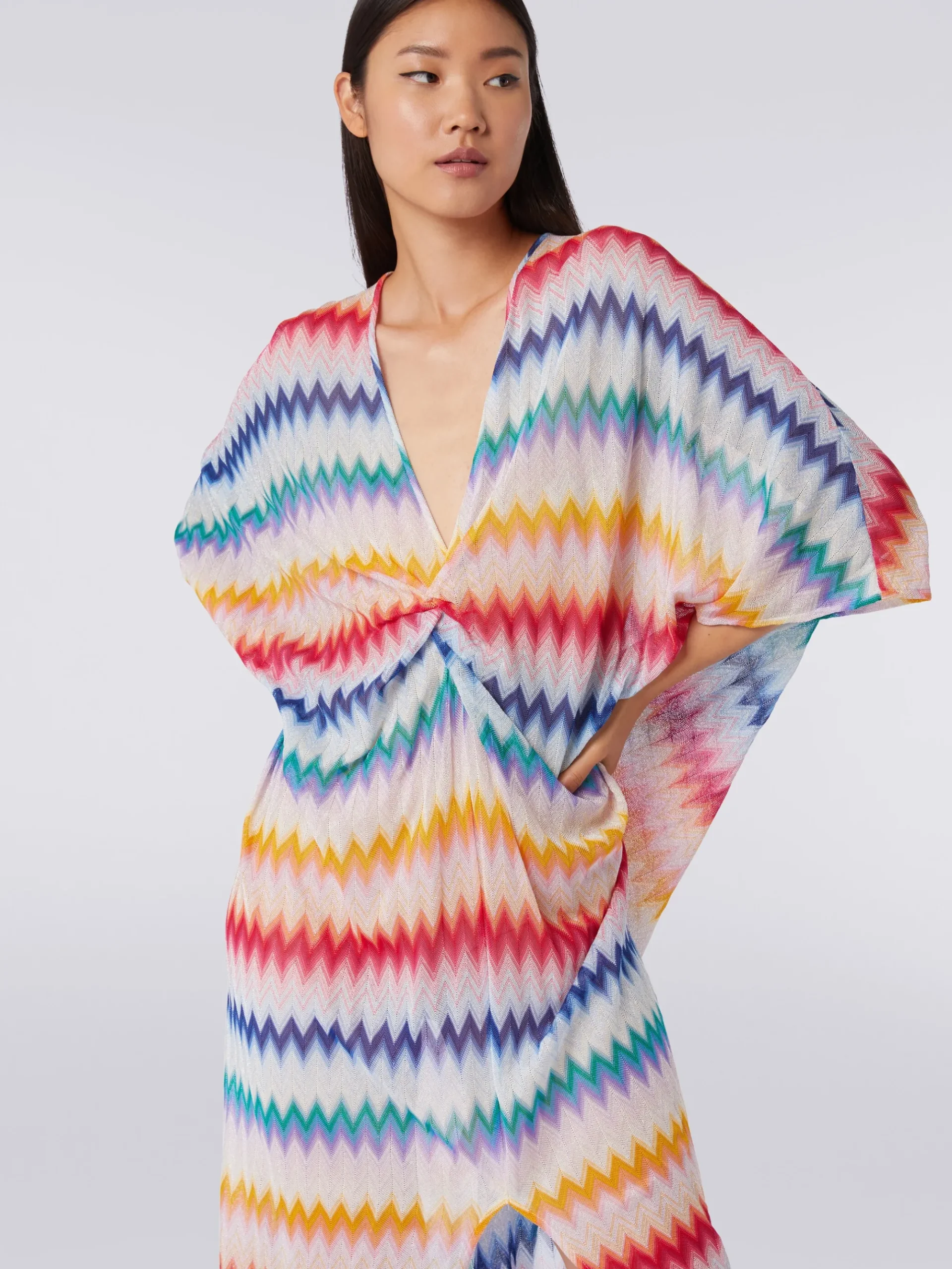 Long cover up kaftan with torchon details and zigzag print