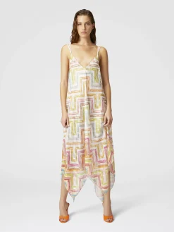 Long cover-up dress in printed tulle with scarf bottom