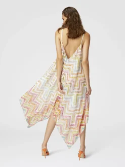 Long cover-up dress in printed tulle with scarf bottom