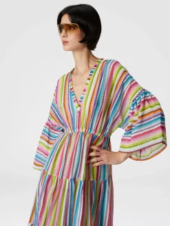 Long cover-up dress with flounces and zig zag print