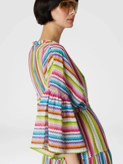 Long cover-up dress with flounces and zig zag print