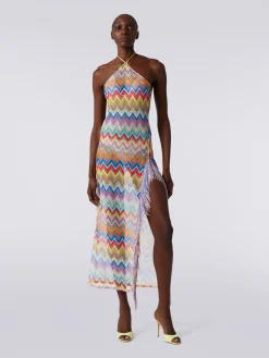 Long cover-up dress with zigzag print and fringes