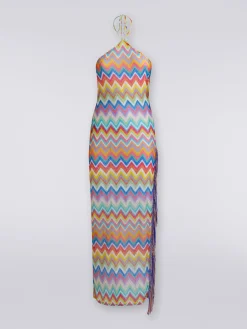 Long cover-up dress with zigzag print and fringes