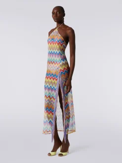 Long cover-up dress with zigzag print and fringes