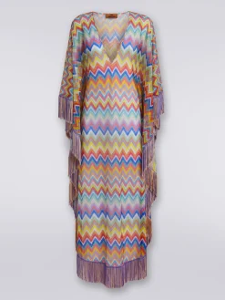 Long cover-up kaftan with zigzag print and fringes