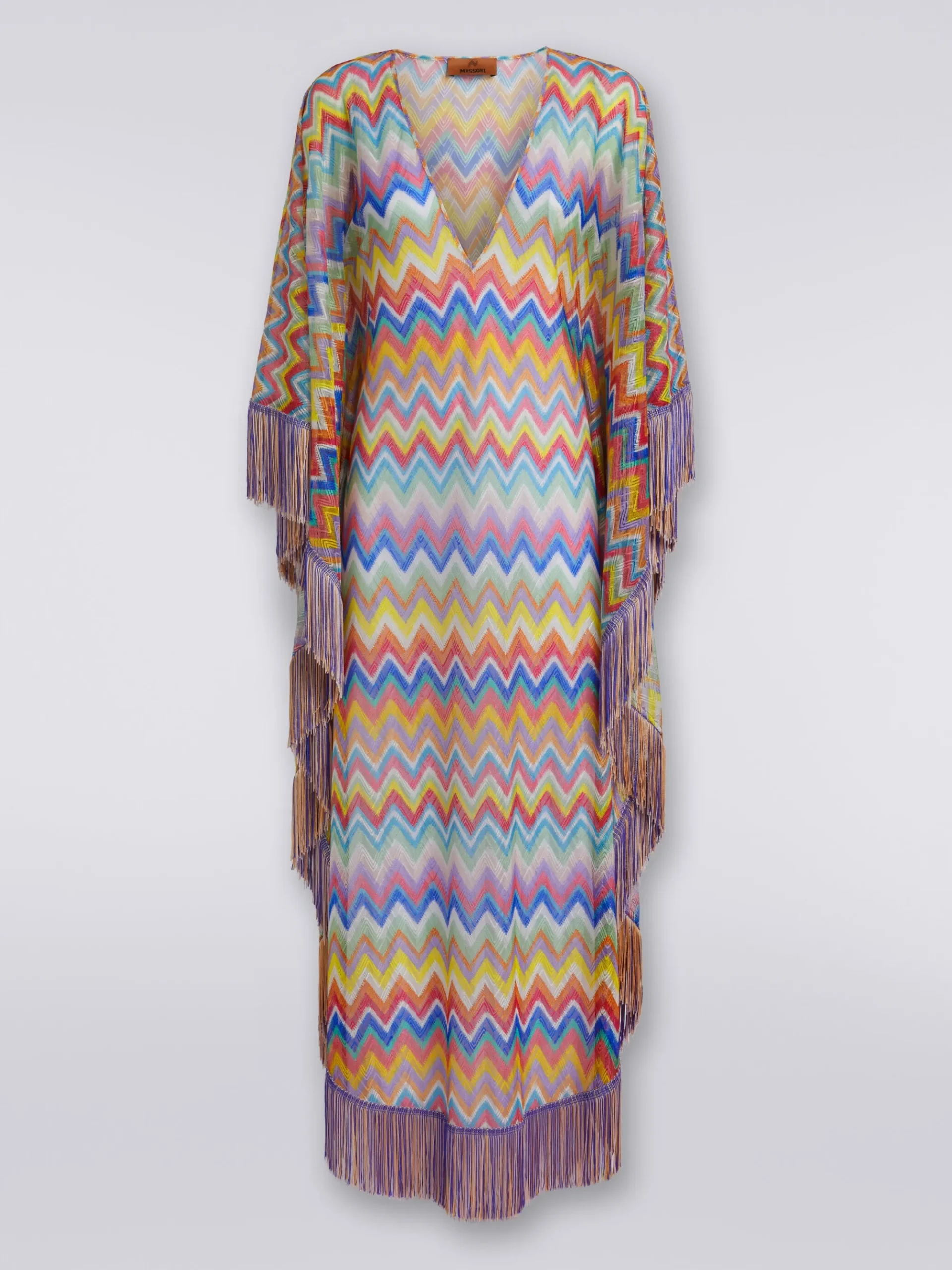 Long cover-up kaftan with zigzag print and fringes