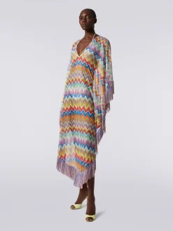 Long cover-up kaftan with zigzag print and fringes