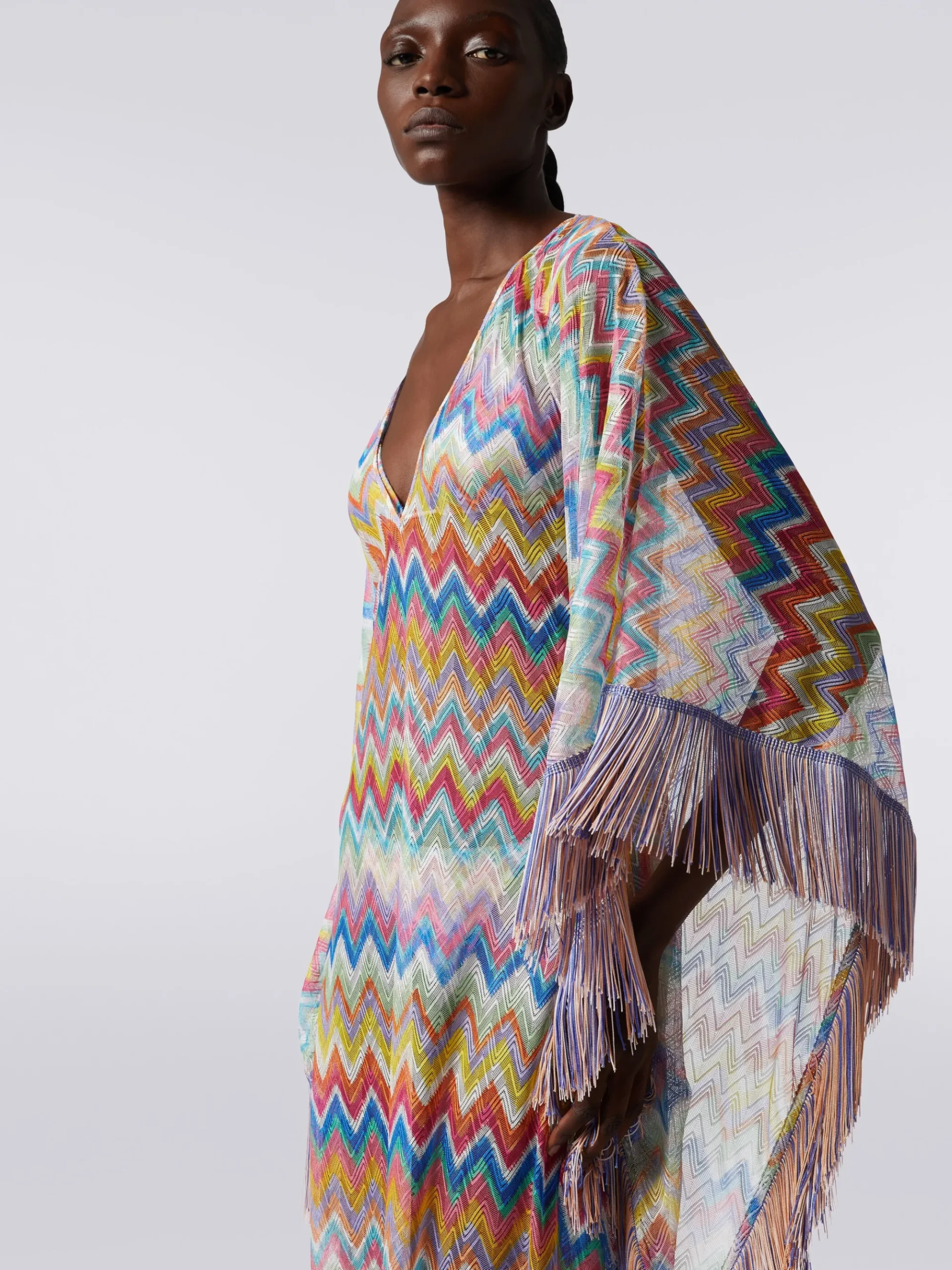 Long cover-up kaftan with zigzag print and fringes