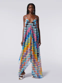Long cover-up with neck scarf cut in printed cotton and silk
