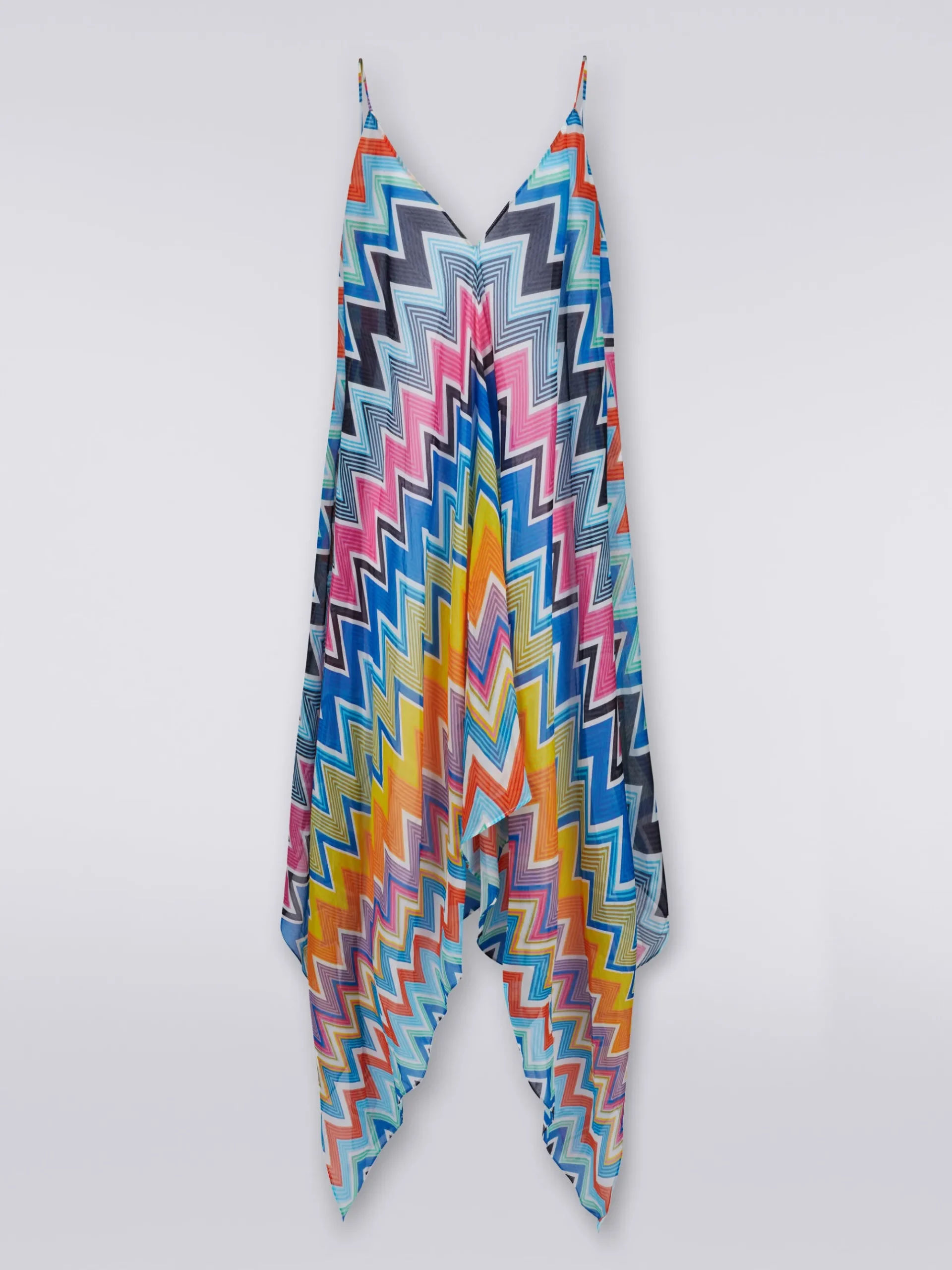 Long cover-up with neck scarf cut in printed cotton and silk