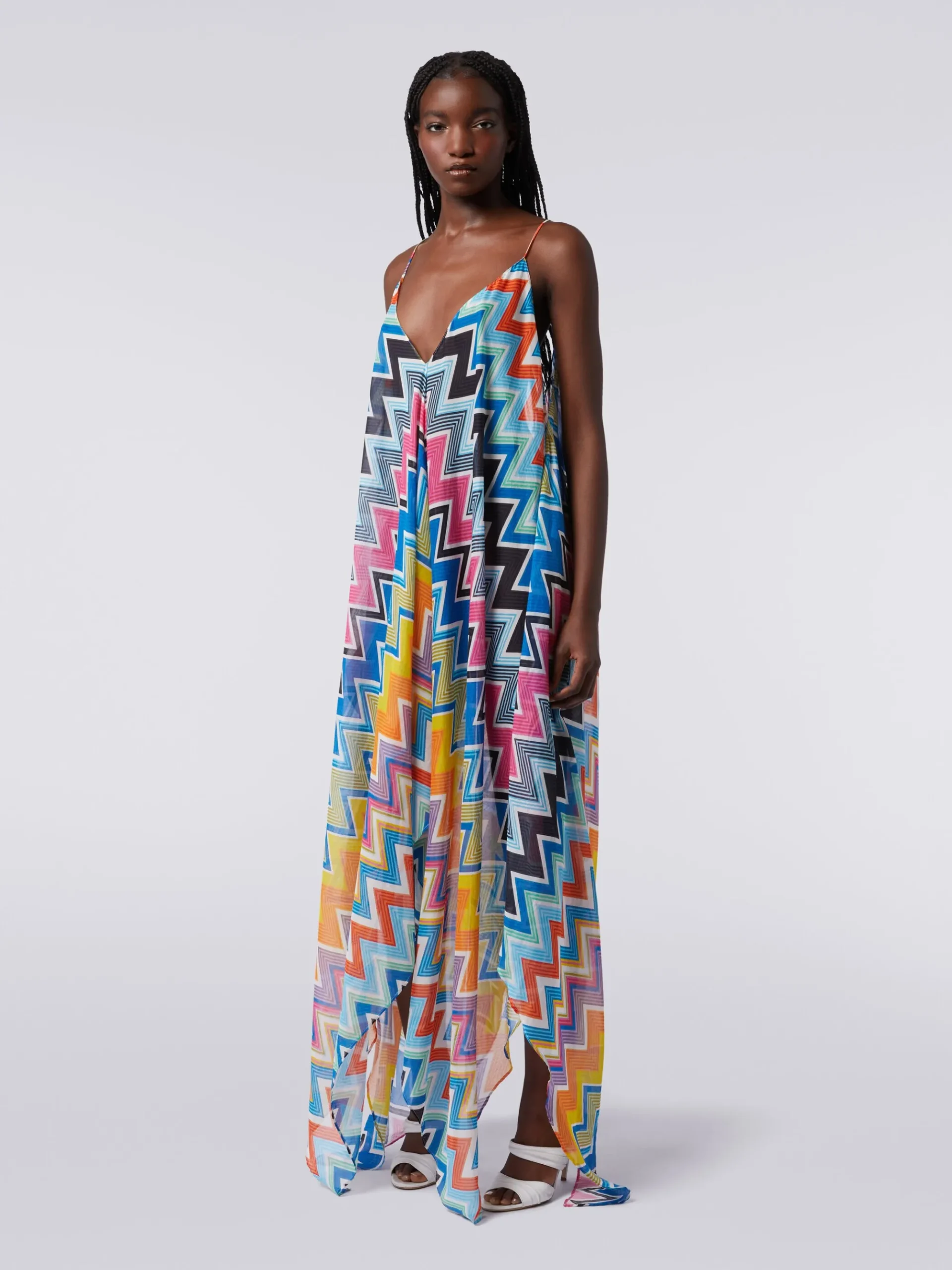 Long cover-up with neck scarf cut in printed cotton and silk