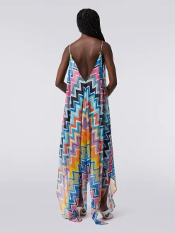 Long cover-up with neck scarf cut in printed cotton and silk