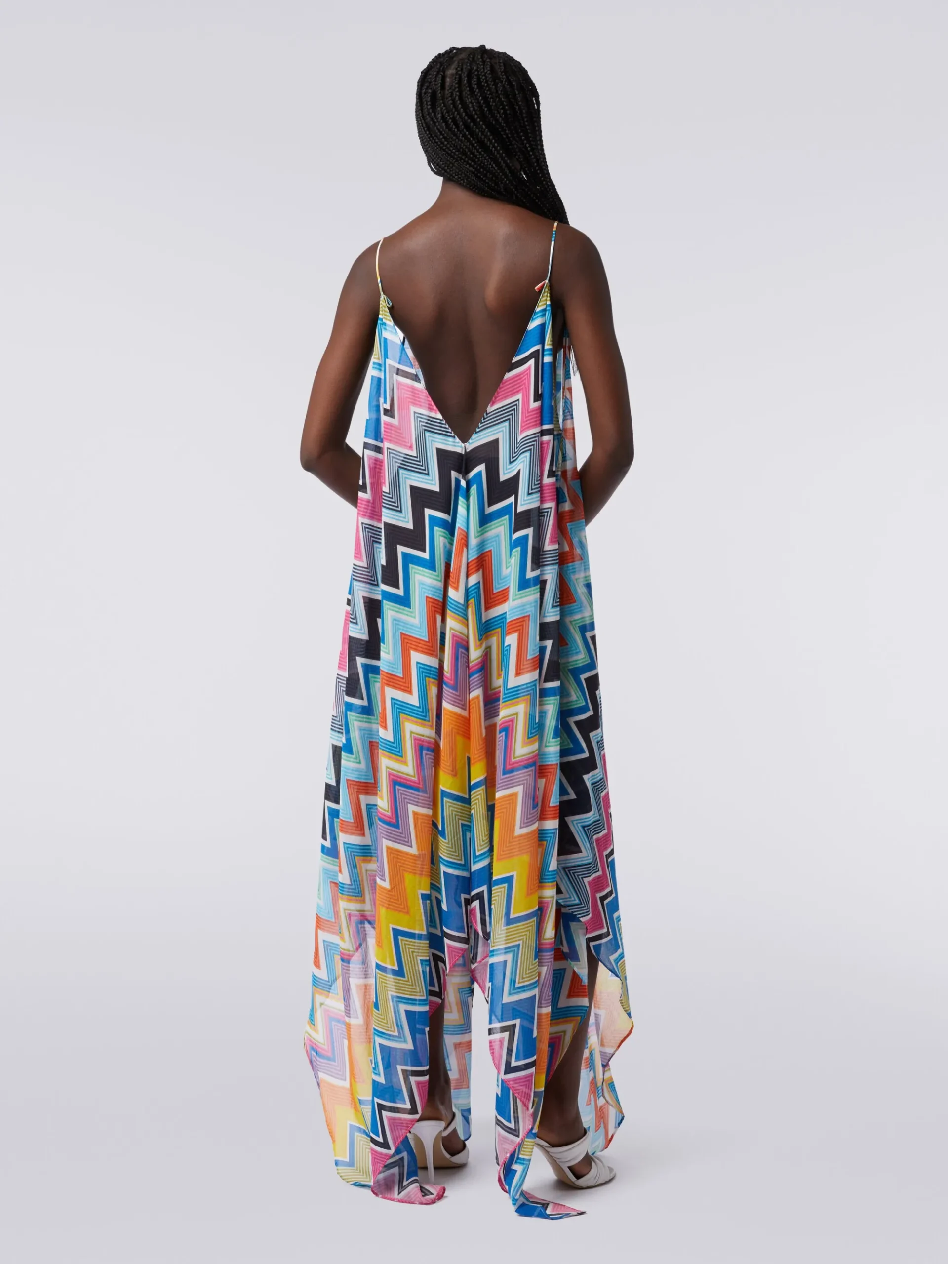 Long cover-up with neck scarf cut in printed cotton and silk