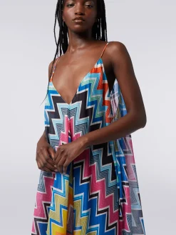 Long cover-up with neck scarf cut in printed cotton and silk